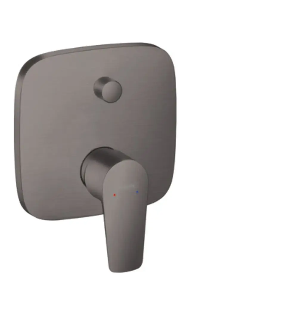 Wannenmischer von Hansgrohe mit einer zentralen Steuerung und zwei Einstellmöglichkeiten für Temperatur, montiert auf einer quadratischen Wandplatte in gebürstetem Schwarzchrom.